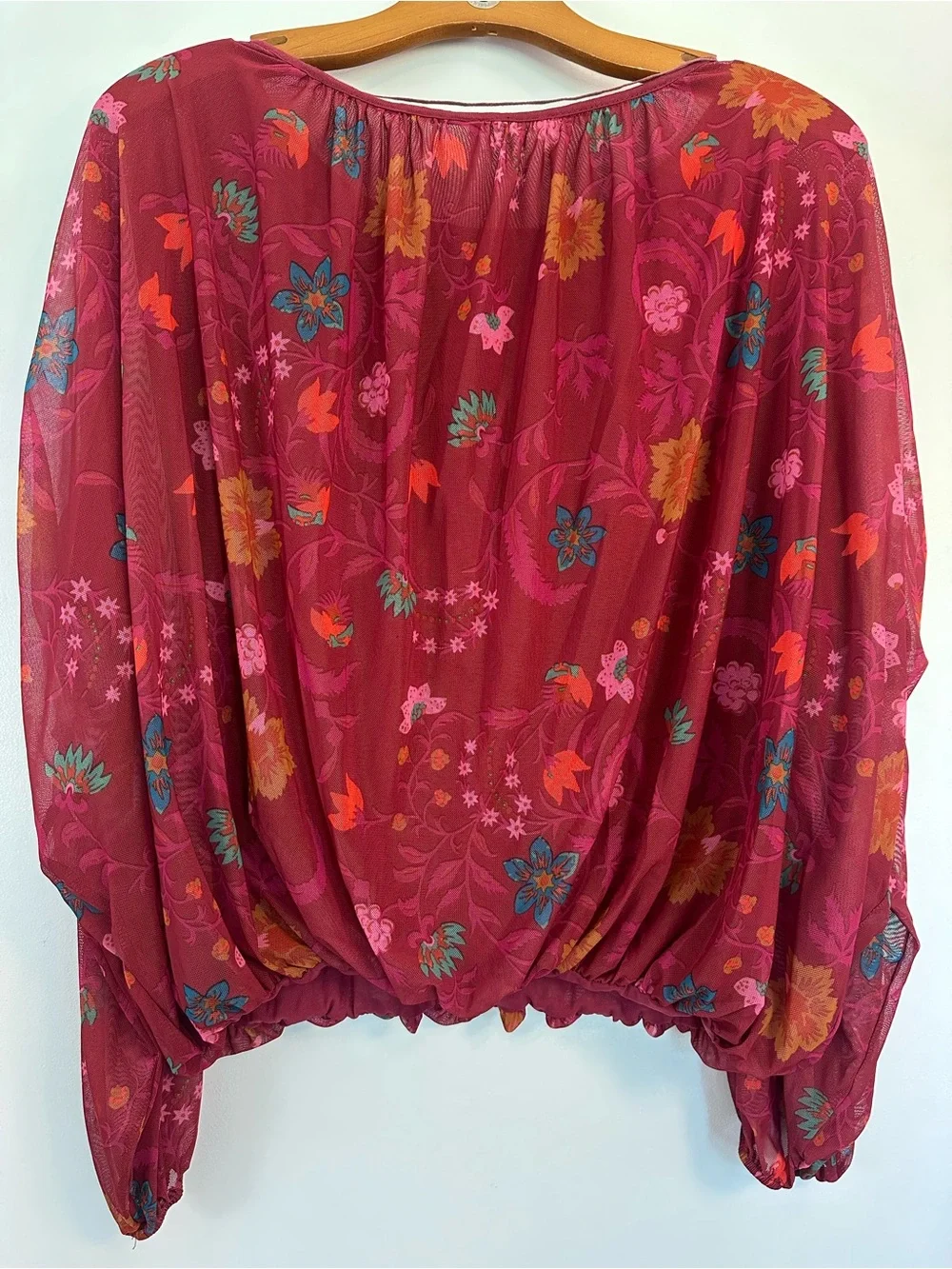 Free People Floral Puff-Sleeve Peasant Blouse in Berry Multi